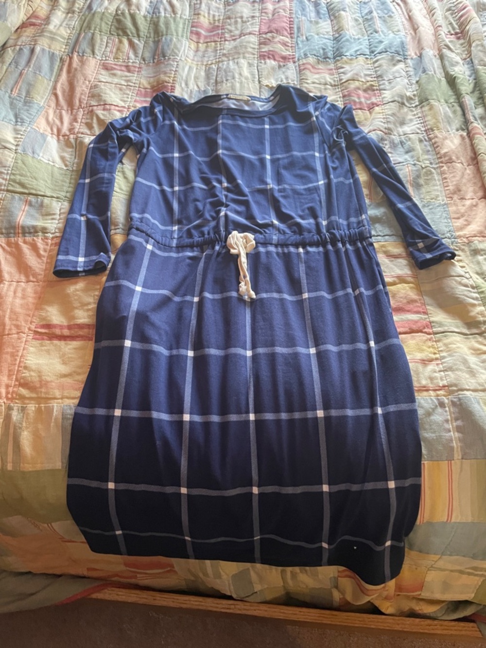 Classic Navy Plaid Long Sleeve Drawstring Waist Dress